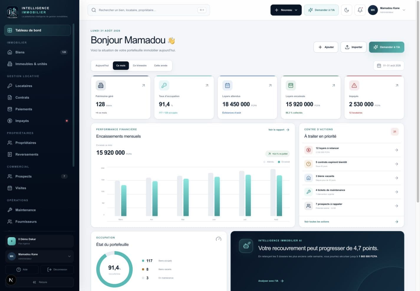 Interface réelle du module Dashboard d’Intelligence Immobilier